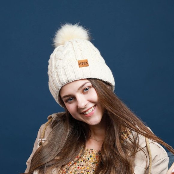 Womens Winter Warm Fleece Lined Knitted Soft Ski Cuff Beanie Hat with Pom Pom - Picture 5 of 6